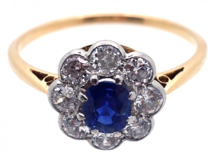 Edwardian 18ct Gold & Platinum, Sapphire & Diamond Cluster Ring