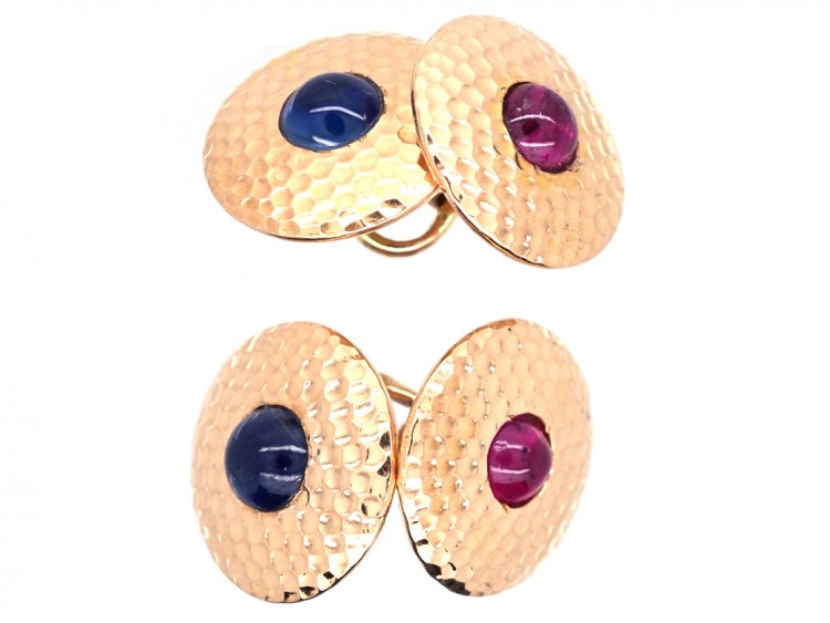 Edwardian 18ct Hammered Gold Round Cufflinks Set With Cabochon Sapphires & Rubies