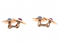 Edwardian 18ct Hammered Gold Round Cufflinks Set With Cabochon Sapphires & Rubies