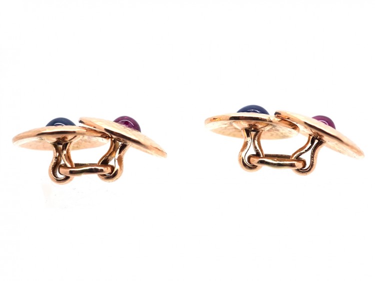 Edwardian 18ct Hammered Gold Round Cufflinks Set With Cabochon Sapphires & Rubies