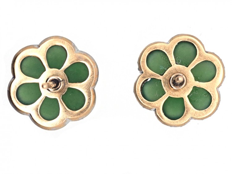 Edwardian Nephrite & Diamond Scalloped Edge Earrings
