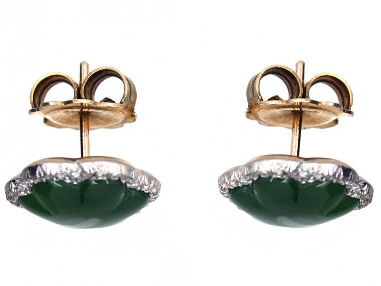 Edwardian Nephrite & Diamond Scalloped Edge Earrings
