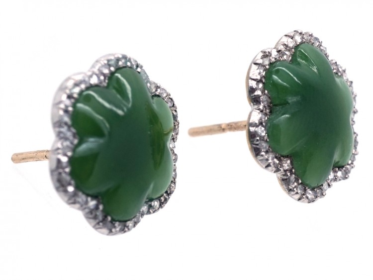 Edwardian Nephrite & Diamond Scalloped Edge Earrings