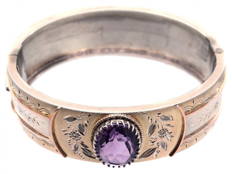 Victorian Silver & Gold Overlay Bangle with Amethyst Centre