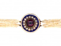 Georgian Seven Strand Seed Pearl Necklace with Gold & Cabochon Garnet Clasp