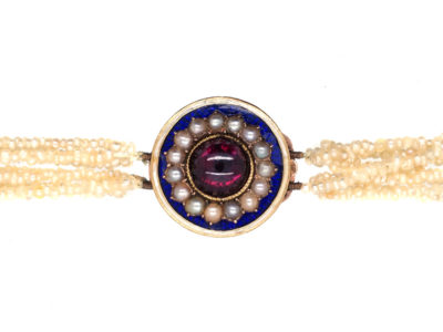 Georgian Seven Strand Seed Pearl Necklace with Gold & Cabochon Garnet Clasp