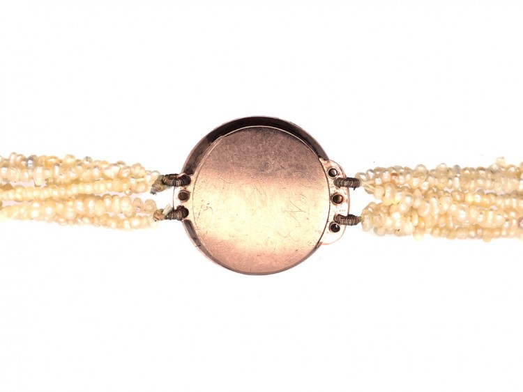 Georgian Seven Strand Seed Pearl Necklace with Gold & Cabochon Garnet Clasp