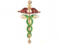 Edwardian 18ct Gold, Enamel & Pearl Caduceus Brooch