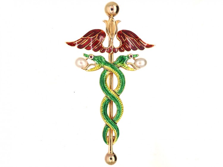 Edwardian 18ct Gold, Enamel & Pearl Caduceus Brooch