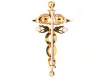 Edwardian 18ct Gold, Enamel & Pearl Caduceus Brooch