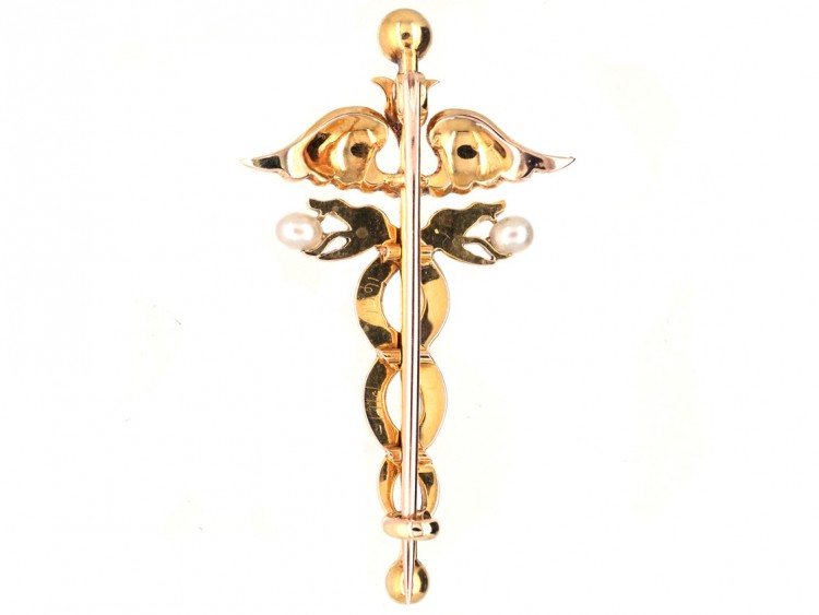 Edwardian 18ct Gold, Enamel & Pearl Caduceus Brooch
