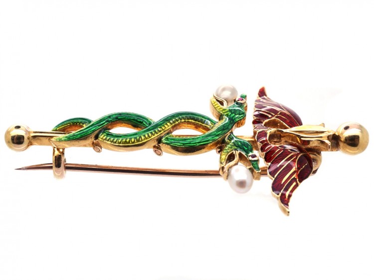 Edwardian 18ct Gold, Enamel & Pearl Caduceus Brooch