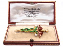 Edwardian 18ct Gold, Enamel & Pearl Caduceus Brooch