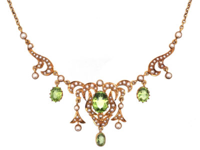 Edwardian 15ct Gold, Natural Split Perals & Peridot Necklace in Original Case