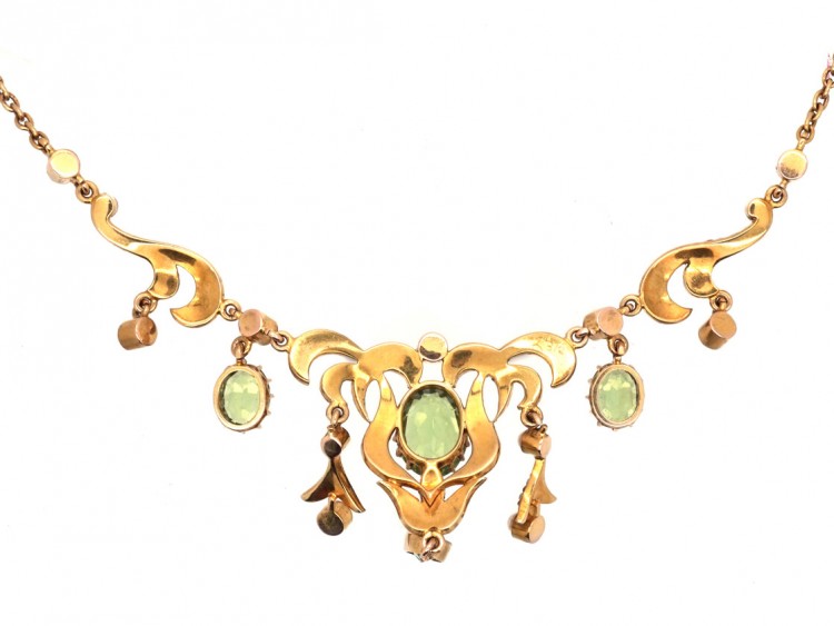 Edwardian 15ct Gold, Natural Split Perals & Peridot Necklace in Original Case