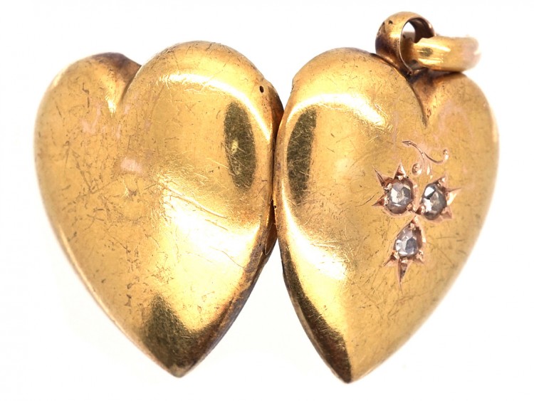 Edwardian 15ct Gold Heart Shaped Locket with Three Rose Diamonds