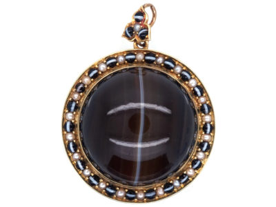 Victorian 18ct Gold, Large Domed Banded Onyx & Natural Split Pearl Pendant