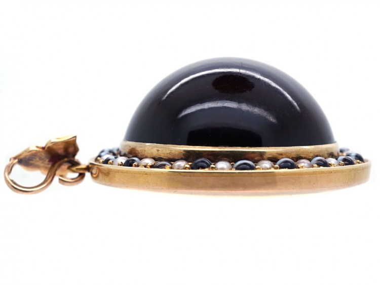 Victorian 18ct Gold, Large Domed Banded Onyx & Natural Split Pearl Pendant
