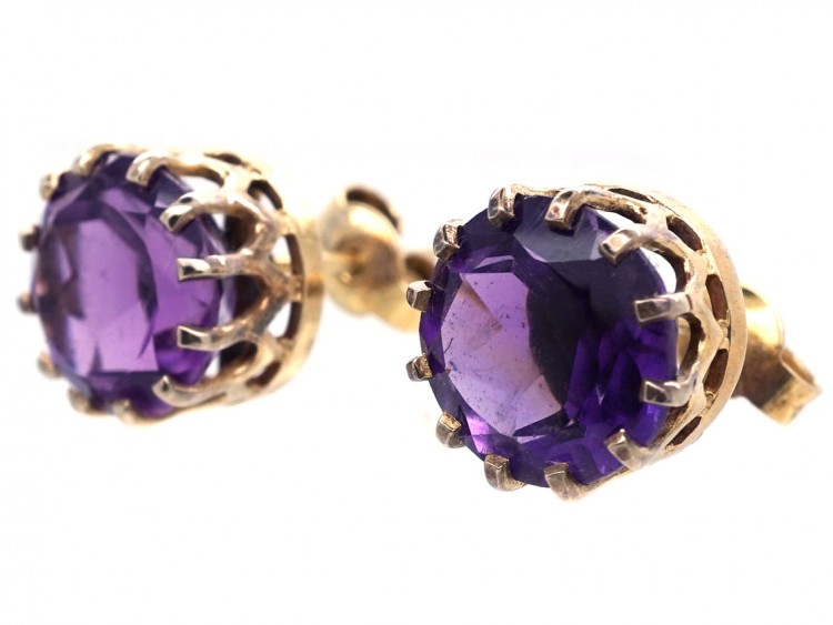 9ct Gold & Amethyst Round Stud Earrings