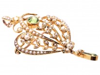 Edwardian 15ct Gold, Peridot & Natural Split Pearl Pendant / Brooch