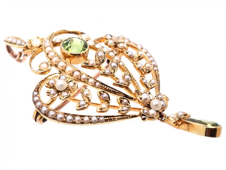 Edwardian 15ct Gold, Peridot & Natural Split Pearl Pendant / Brooch