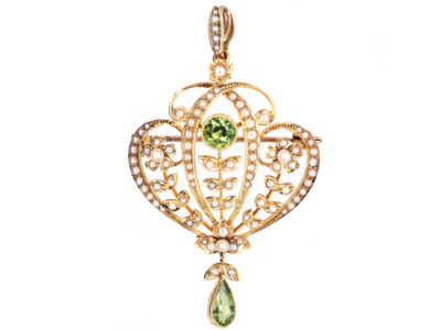 Edwardian 15ct Gold, Peridot & Natural Split Pearl Pendant / Brooch