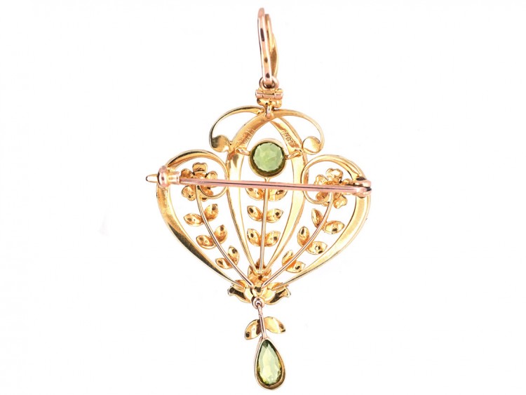 Edwardian 15ct Gold, Peridot & Natural Split Pearl Pendant / Brooch
