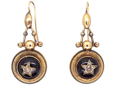 Victorian 15ct Gold Drop Earrings with Cabochon Garnet & Diamond Detail