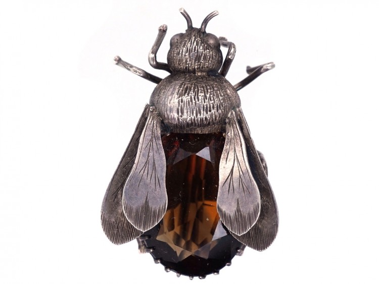 Victorian Silver & Smokey Quartz Bee Brooch