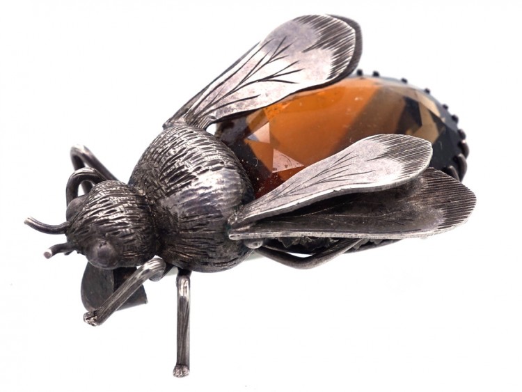 Victorian Silver & Smokey Quartz Bee Brooch