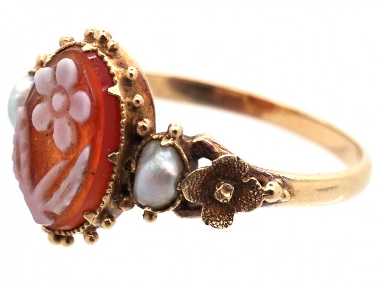 Regency Pearl & Carved Carnelian Forget Me Not Ring