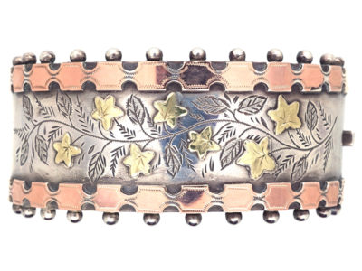 Victorian Silver & Two Colour Gold Overlay Bangle with Vine Leaf Decoration