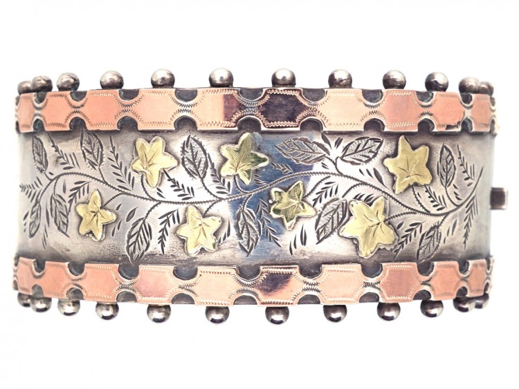 Victorian Silver & Two Colour Gold Overlay Bangle with Vine Leaf Decoration