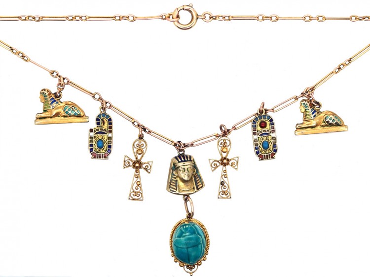 Art Deco 9ct Gold & Enamel Egyptian Revival Necklace