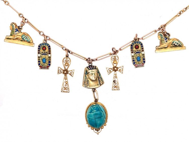 Art Deco 9ct Gold & Enamel Egyptian Revival Necklace