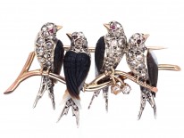 Edwardian Rose Diamond & Onyx Swallows Novelty Brooch