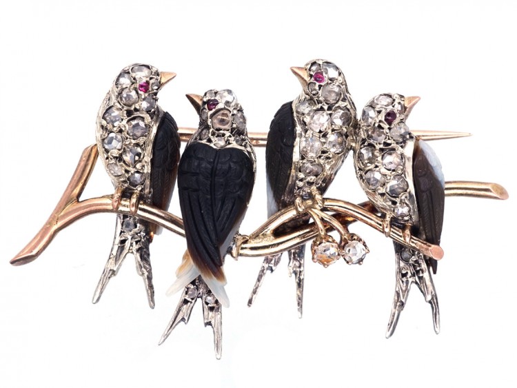 Edwardian Rose Diamond & Onyx Swallows Novelty Brooch