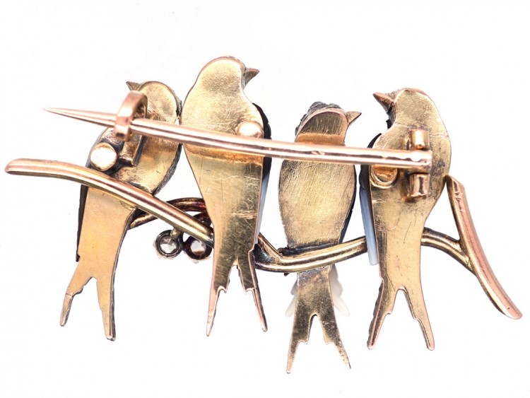 Edwardian Rose Diamond & Onyx Swallows Novelty Brooch