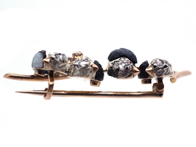 Edwardian Rose Diamond & Onyx Swallows Novelty Brooch