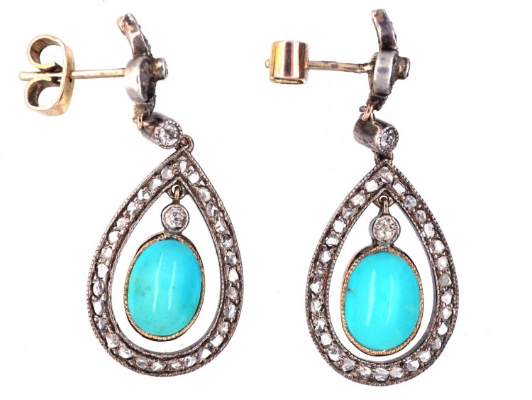 Edwardian Turquoise & Rose Diamond Drop Earrings