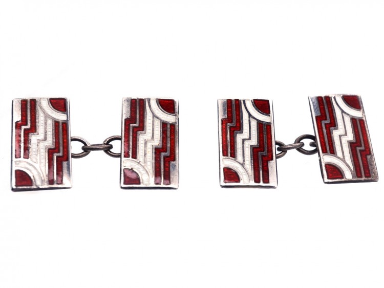 Art Deco Silver, Red & White Enamel Rectangular Cufflinks