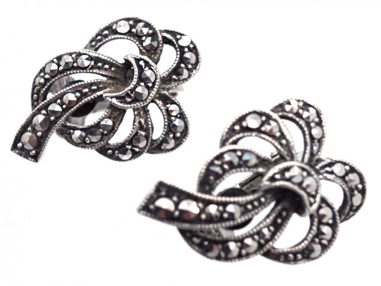 Silver & Marcasite Clip On Bow Earrings