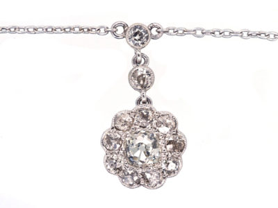 Edwardian Diamond & Platinum Cluster Drop Pendant on Chain