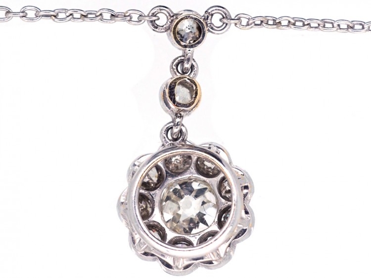 Edwardian Diamond & Platinum Cluster Drop Pendant on Chain