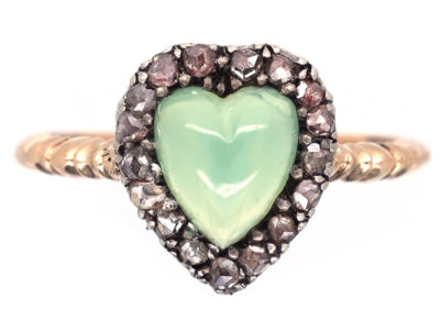 Edwardian Rose Diamond & Green Chalcedony Heart Shaped Ring