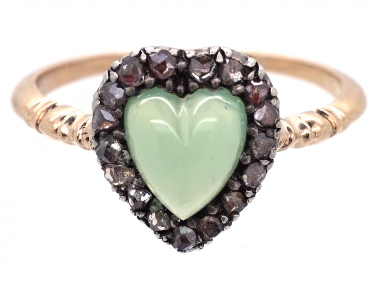 Edwardian Rose Diamond & Green Chalcedony Heart Shaped Ring