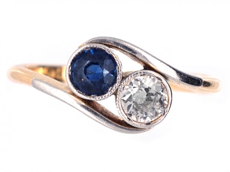 Edwardian 18ct Gold & Platinum, Sapphire & Diamond Crossover Ring