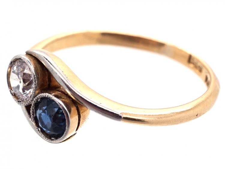 Edwardian 18ct Gold & Platinum, Sapphire & Diamond Crossover Ring