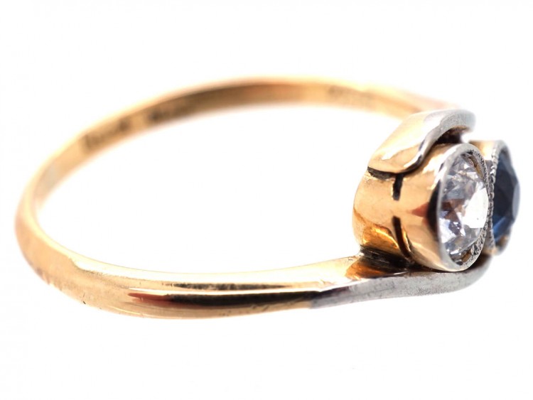 Edwardian 18ct Gold & Platinum, Sapphire & Diamond Crossover Ring