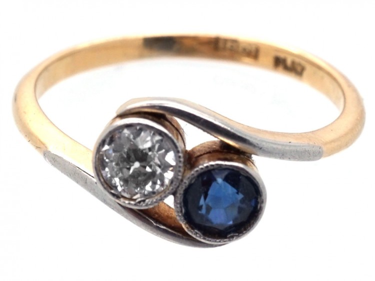 Edwardian 18ct Gold & Platinum, Sapphire & Diamond Crossover Ring